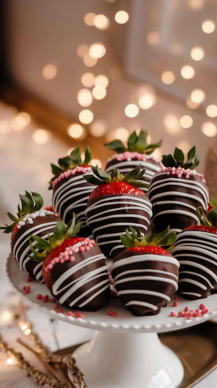 Irresistible Chocolate-Dipped Strawberries for Valentine A close-up of chocolate-dipped strawberries on a plate, garnished with sprinkles, in a romantic setting.